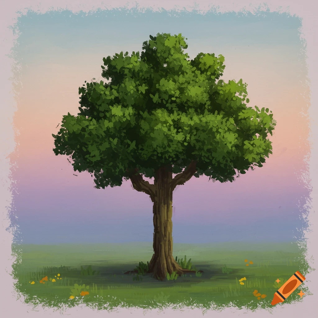 A single tree stands in a field at sunset.