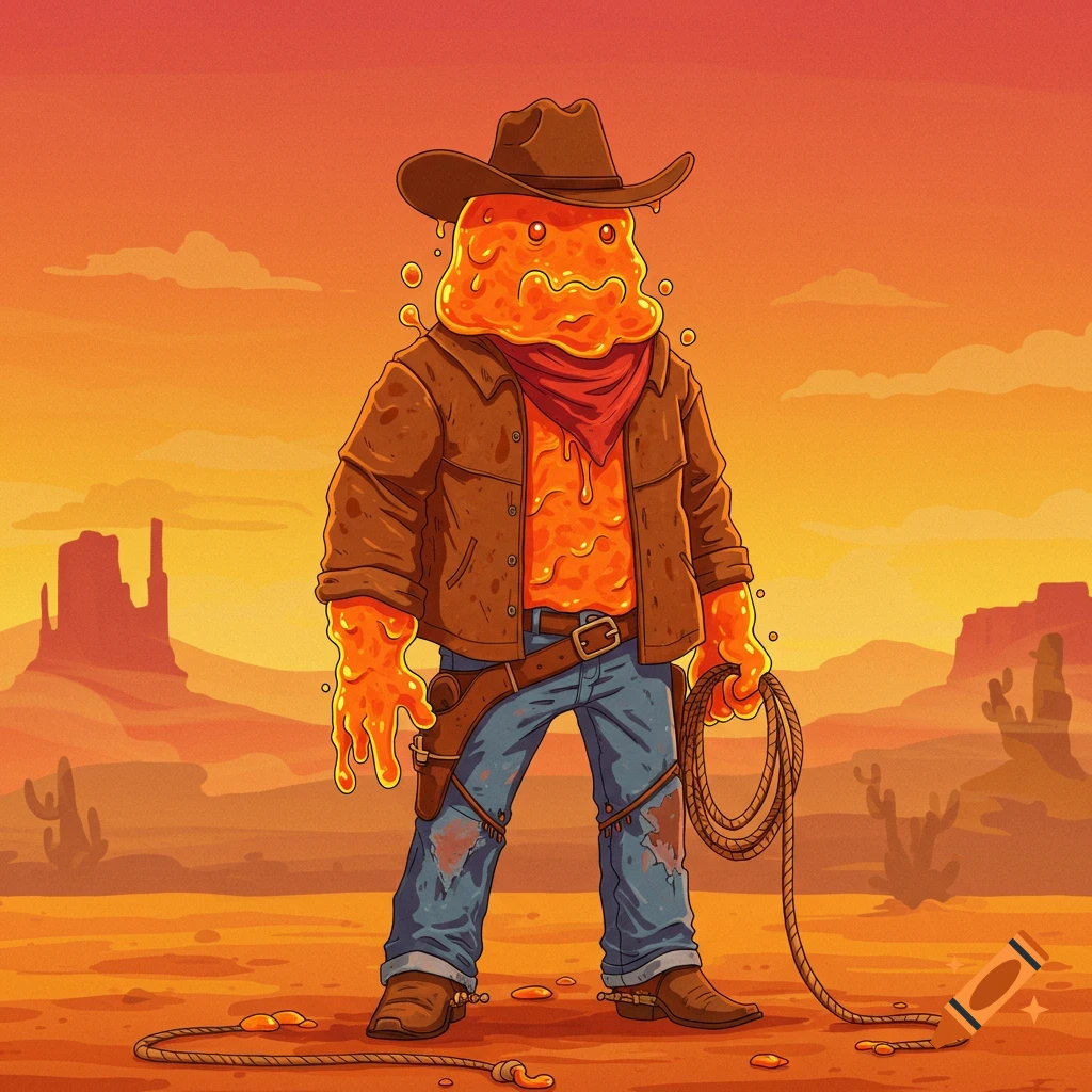 An orange ooze creature dressed as a cowboy stands in a desert landscape holding a lasso, digital illustration.