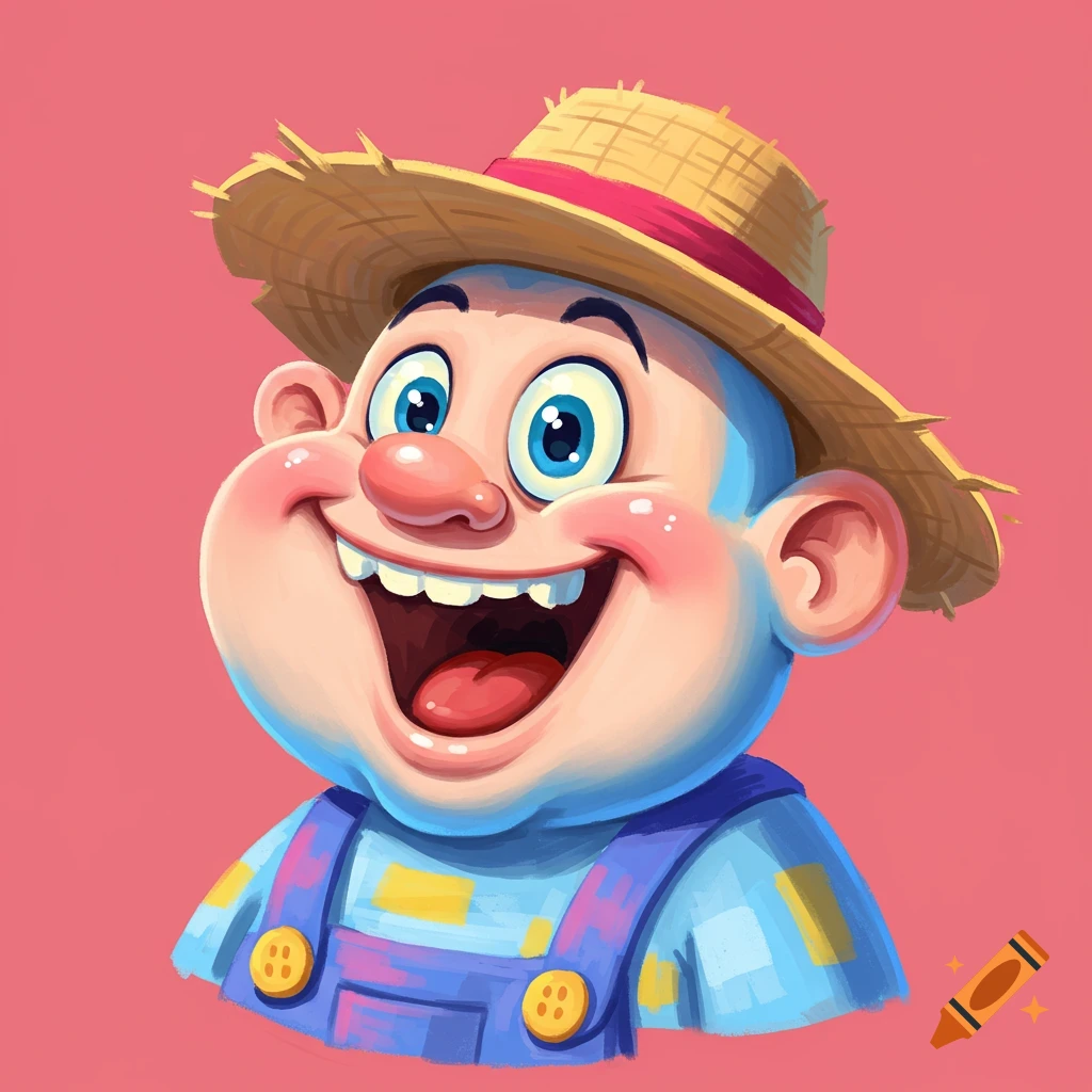 Smiling cartoon character in a straw hat and overalls.