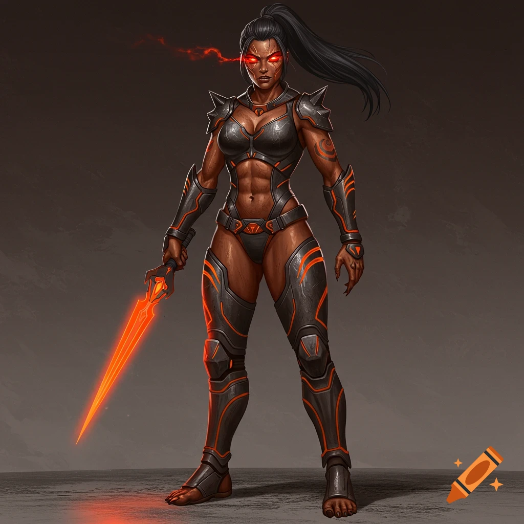 A muscular female warrior in black and orange armor holds an energy sword in a fantasy scene.