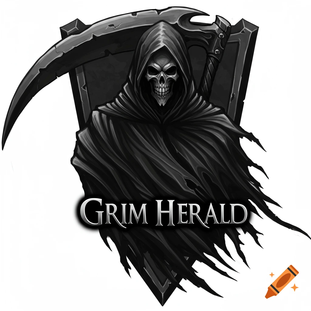 A black and gray image of a skeleton in a hood holding a scythe, in a badge style, with the text 'Grim Herald' at the bottom.