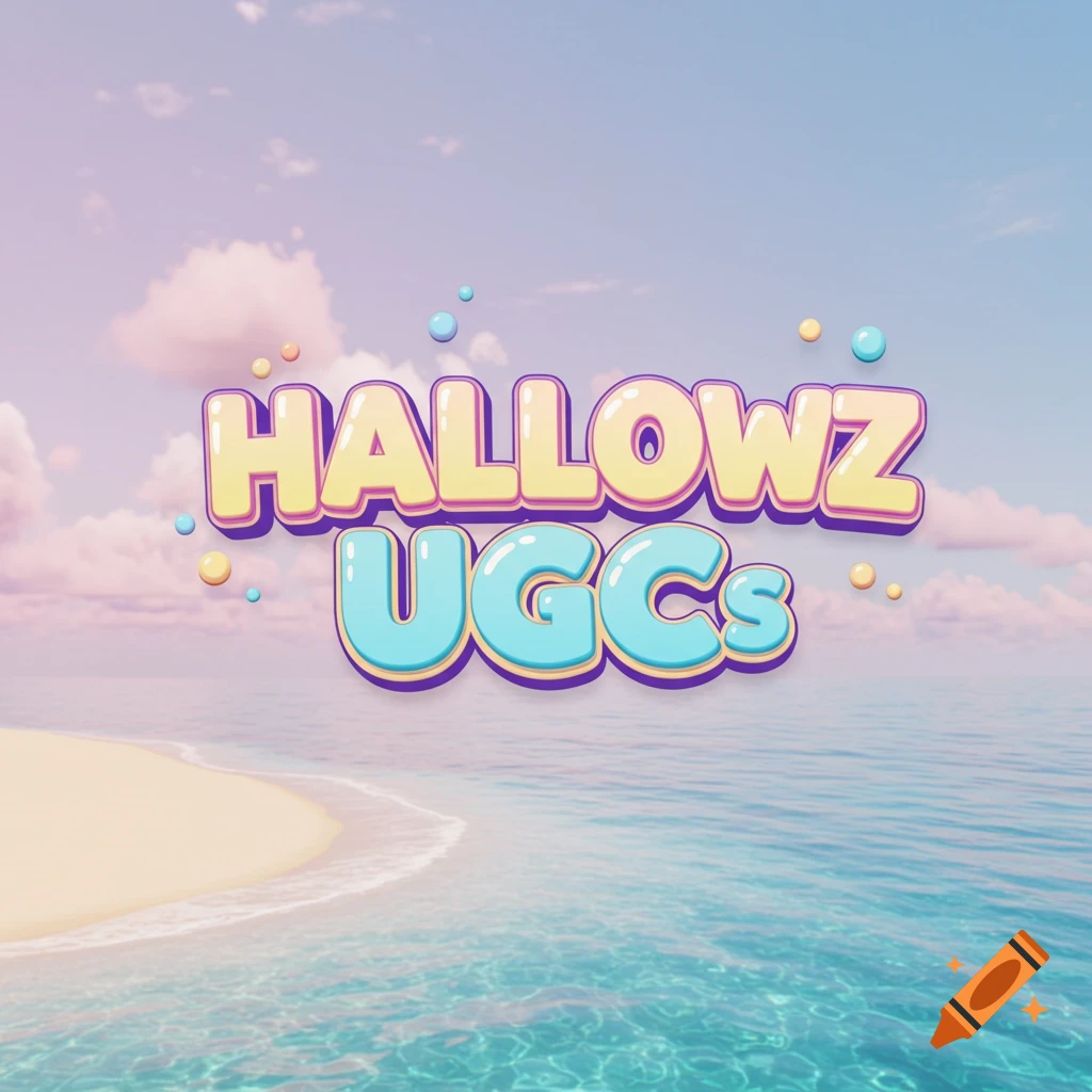 Bubbly text 'HALLOWZ UGCs' over a beach and ocean scene.