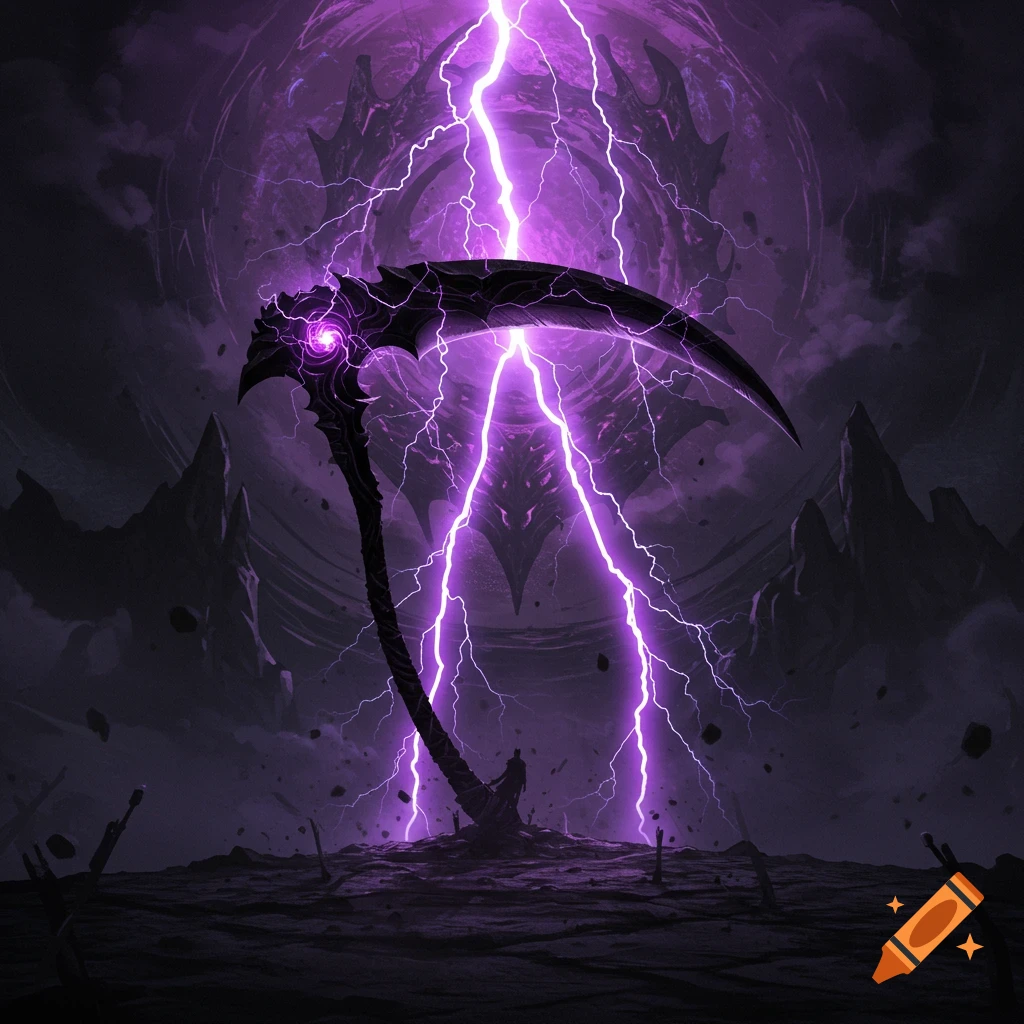 A giant black scythe with purple lightning stands in a desolate landscape under a dark sky with a large portal.