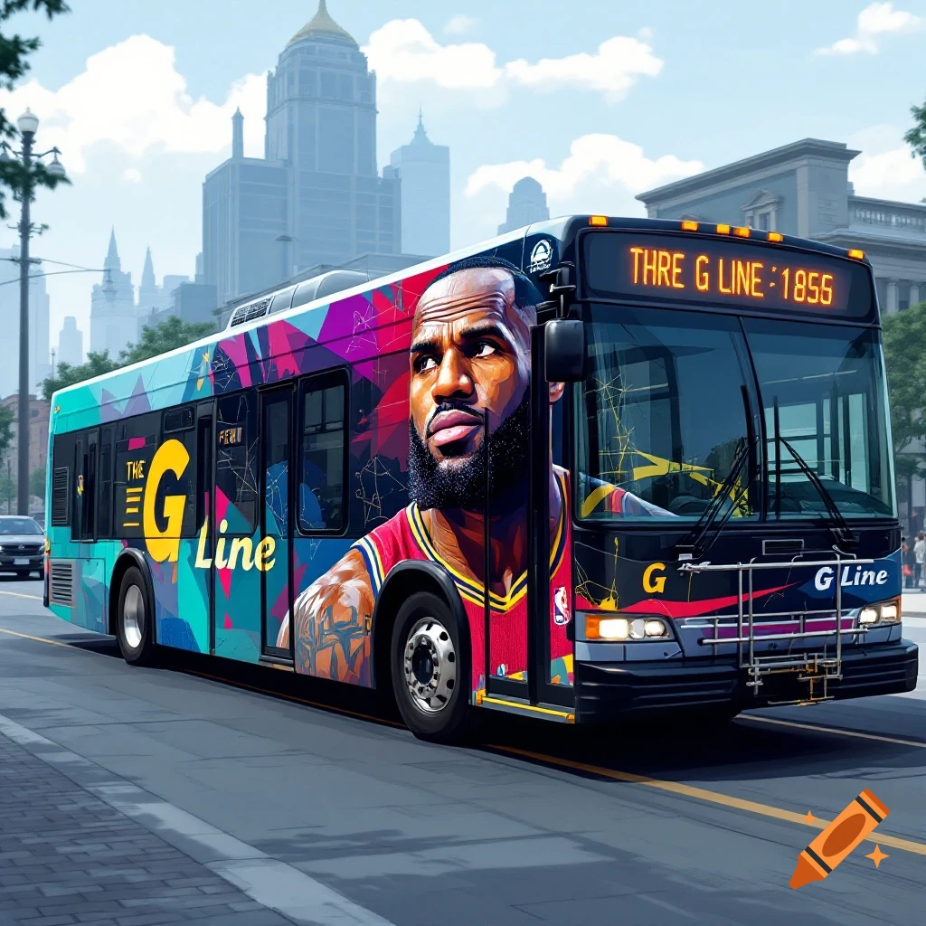 A bus featuring an illustration of LeBron James on its side, driving through a city street.