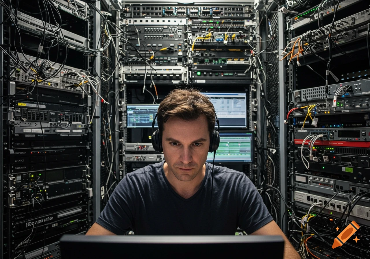 A man wearing headphones sits in front of computer monitors and server racks.