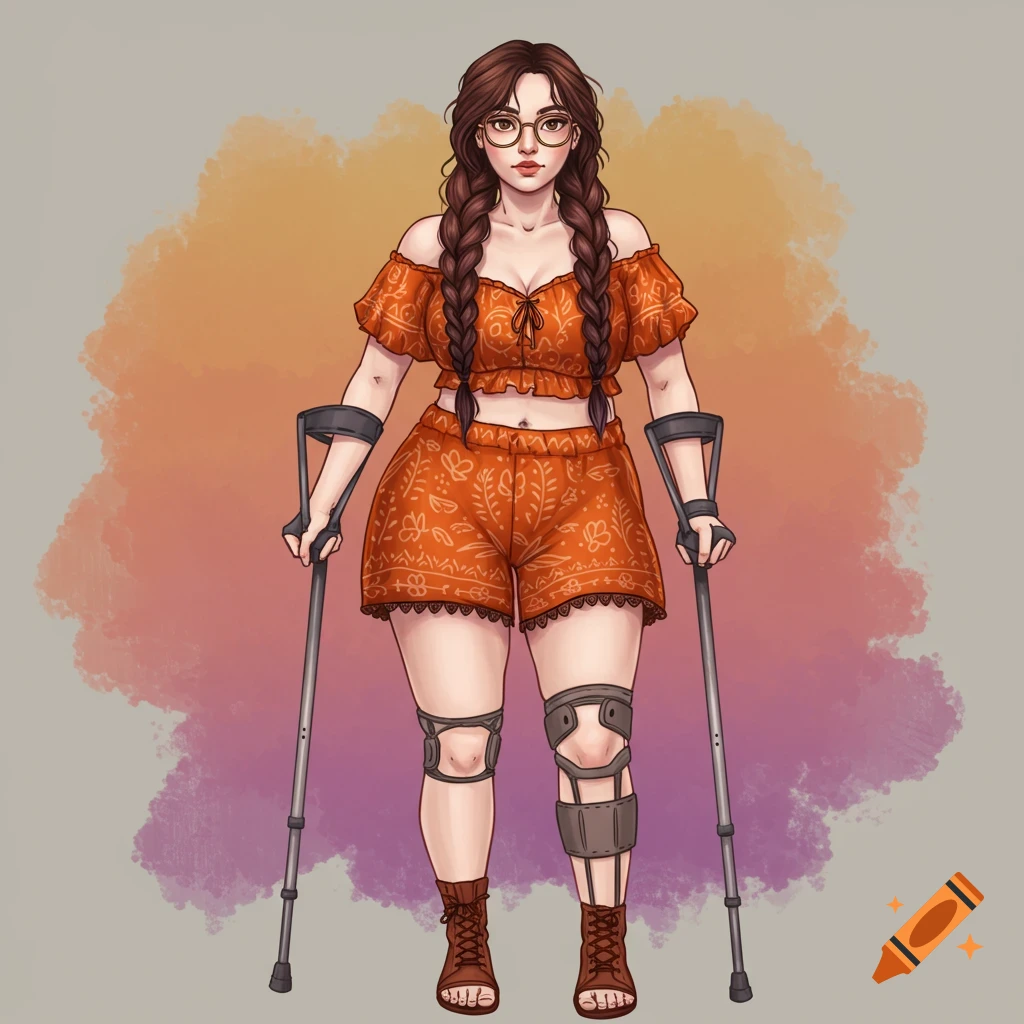 woman with braids, glasses, orange outfit, crutches, and leg braces.