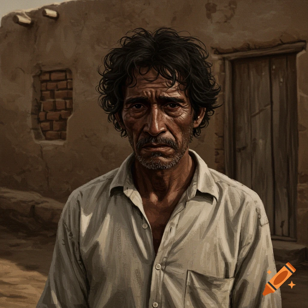 A portrait of a man with curly hair and beard looking sad, in front of a mud building.