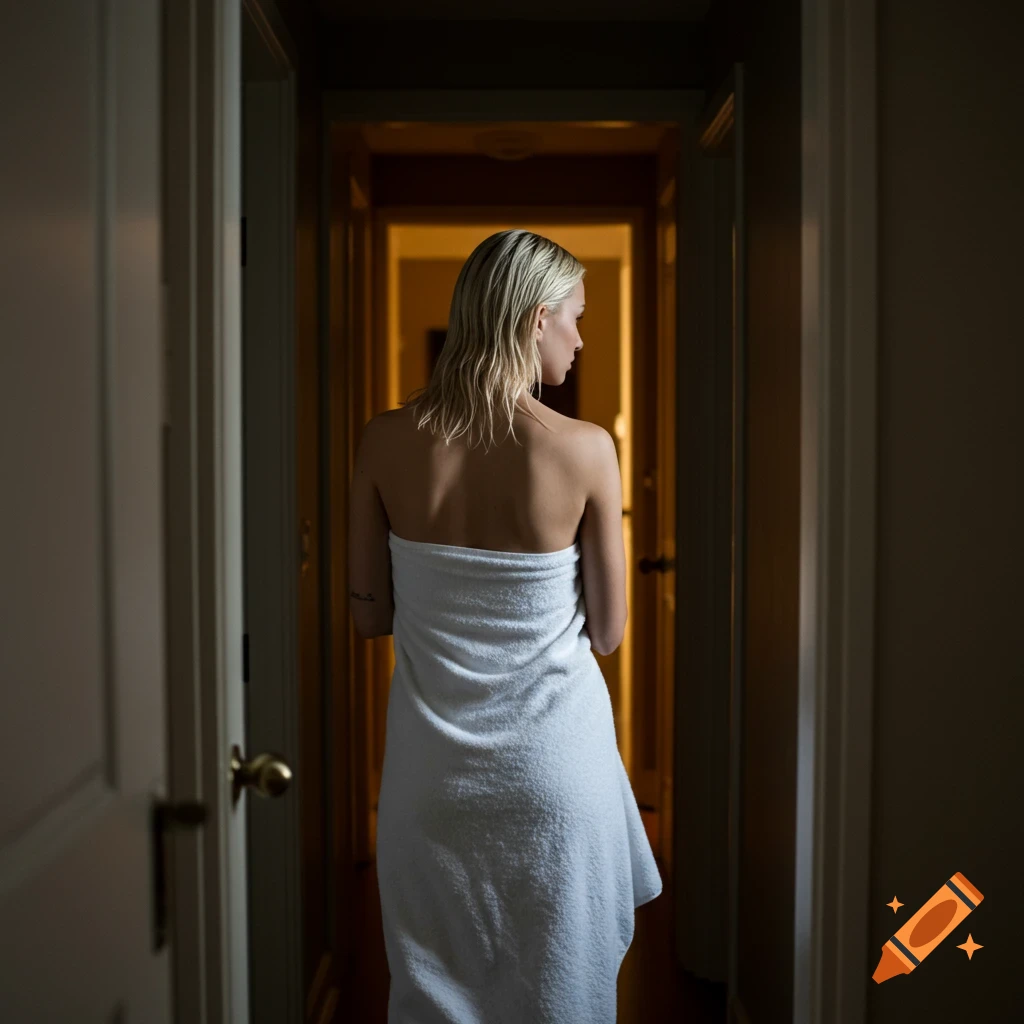 Blonde woman wrapped in a white towel standing in a dark hallway, view from behind.