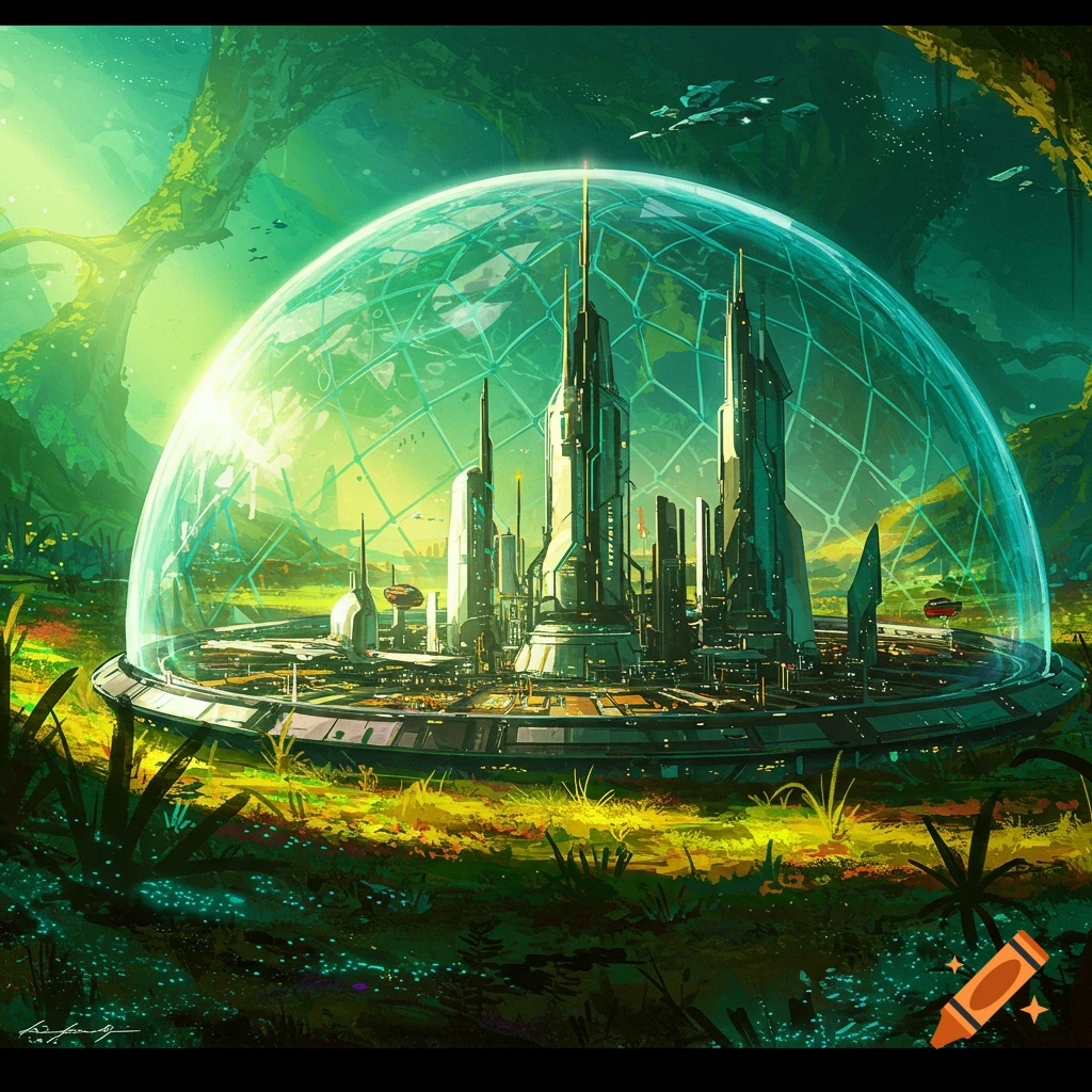 A domed futuristic city is nestled within a lush green alien jungle landscape with flying vehicles.
