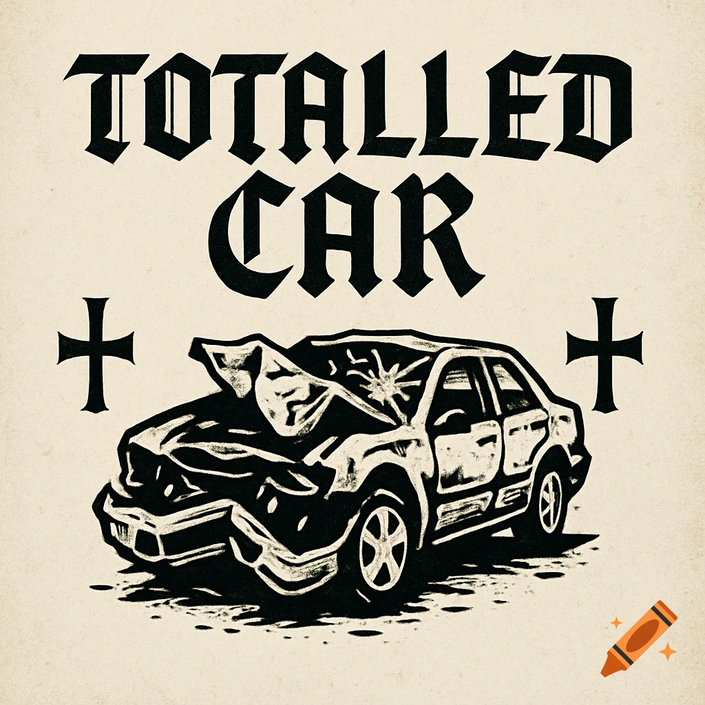 Black and white logo illustration of a totaled car with the text 'TOTALLED CAR' and crosses in a gothic style.