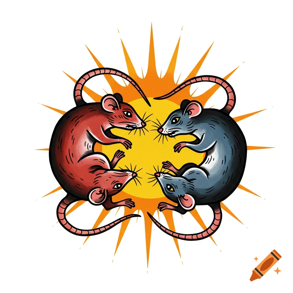Four stylized rats (two red, two blue) circling a yellow sunburst, in an old school tattoo style.