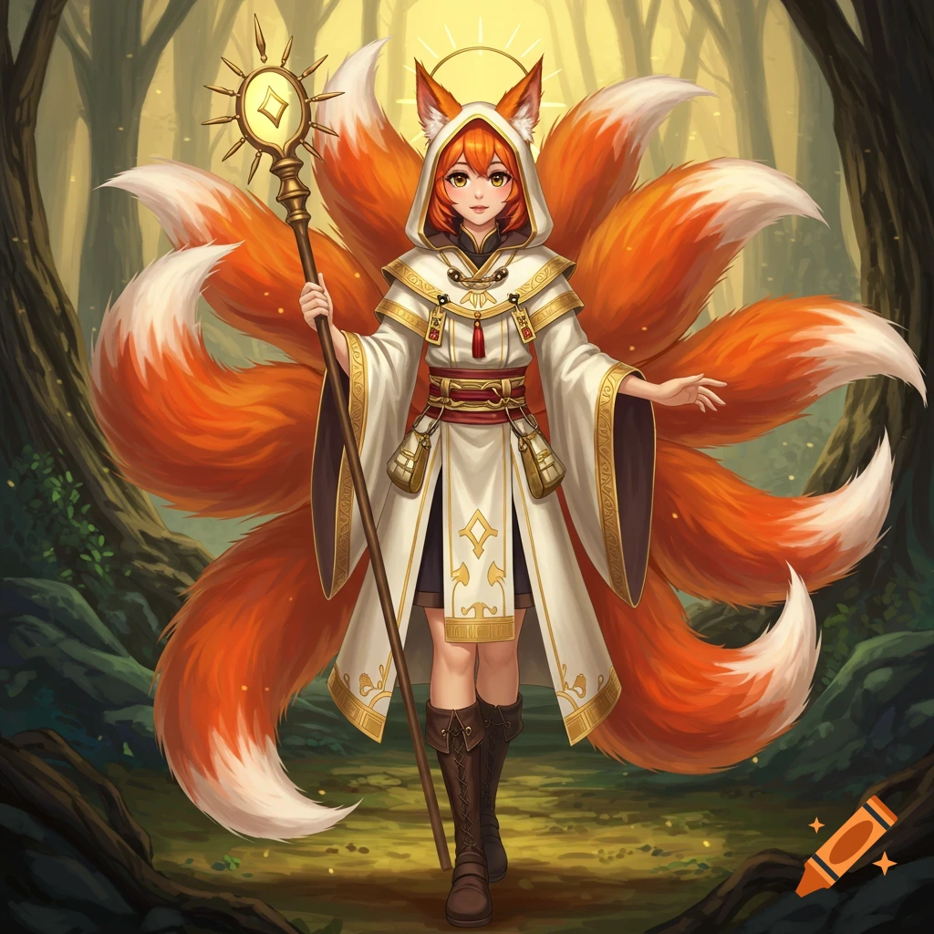Anime style fantasy art of a kitsune girl cleric with nine tails standing in a forest.