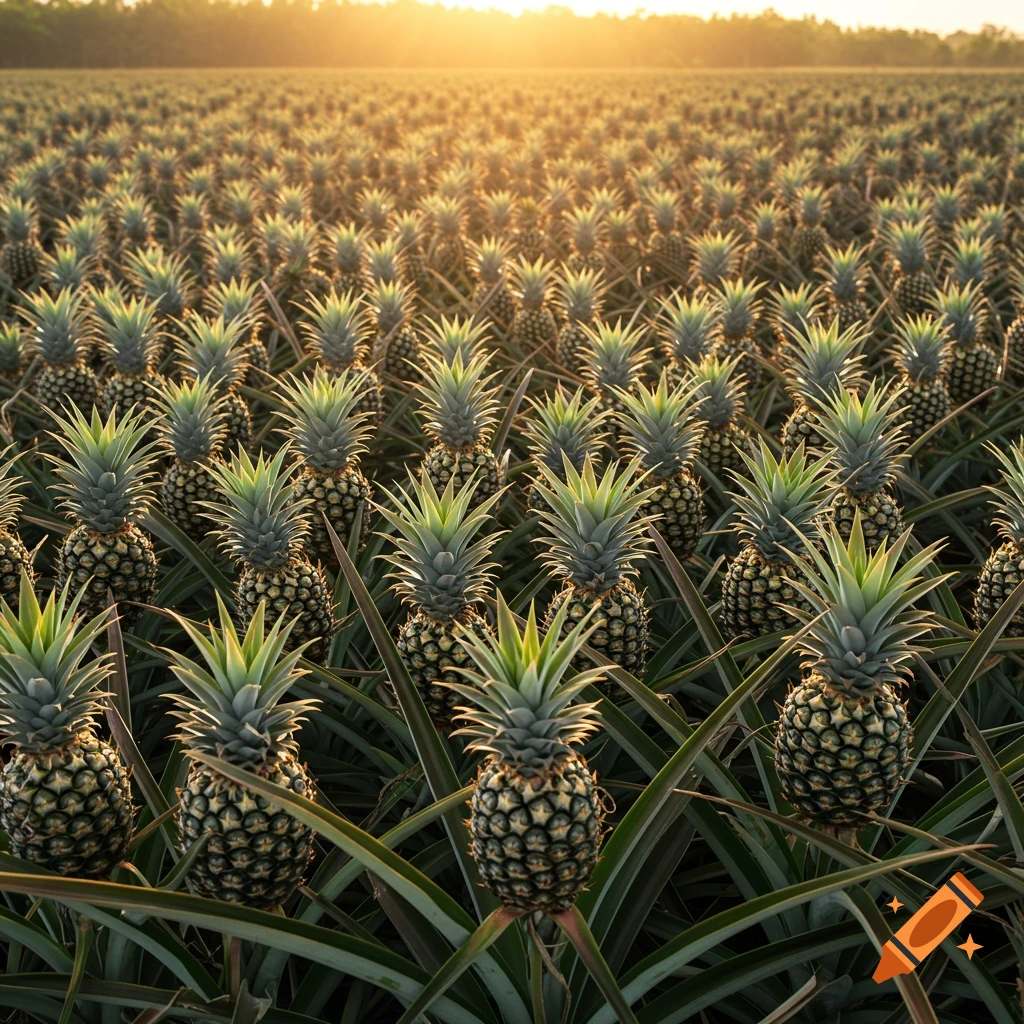A vast field of pineapples growing under warm sunlight.