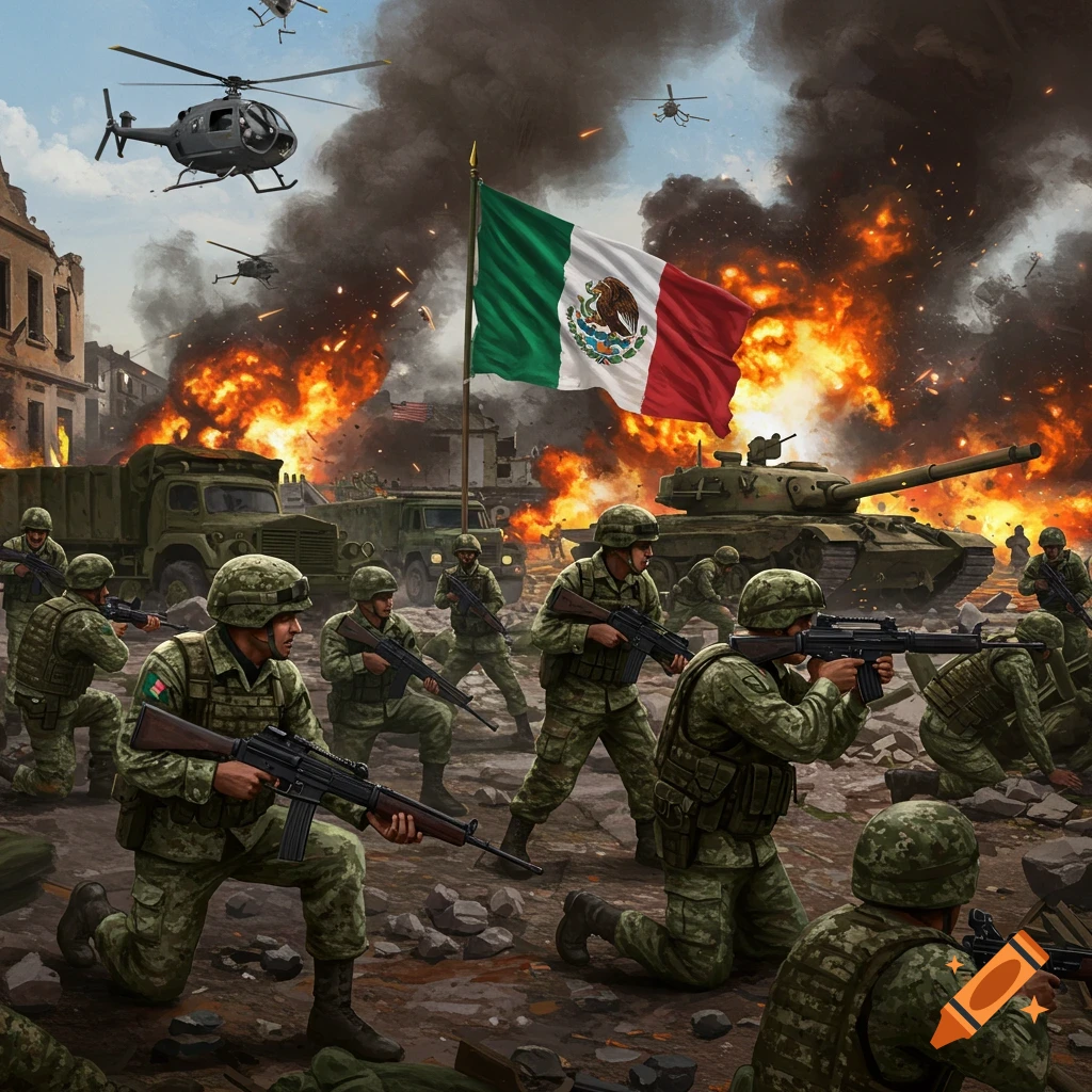 Mexican soldiers and vehicles in a battle with flag