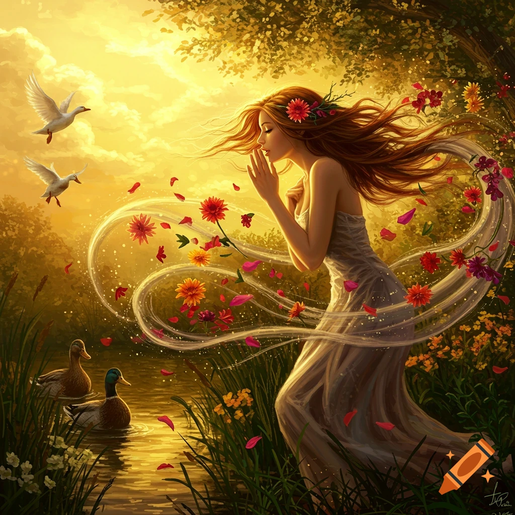 A woman in a flowing dress is surrounded by swirling flowers and petals, with ducks and birds visible in the golden light.
