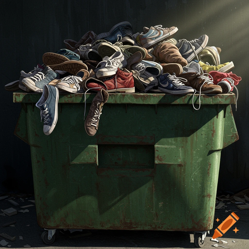 A pile of shoes overflowing from a green garbage dumpster.