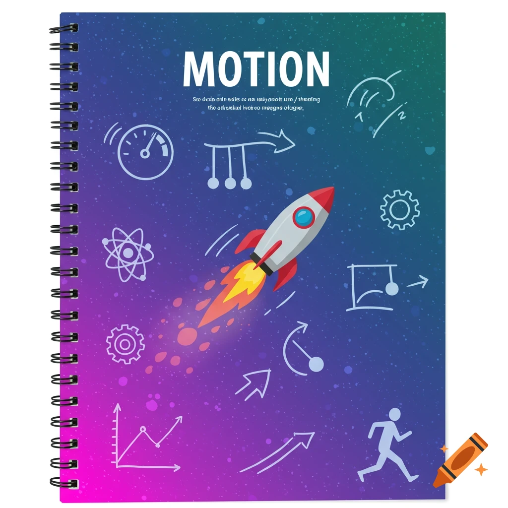 Notebook cover illustration with 'MOTION' text and science icons like a rocket, atoms, and charts.