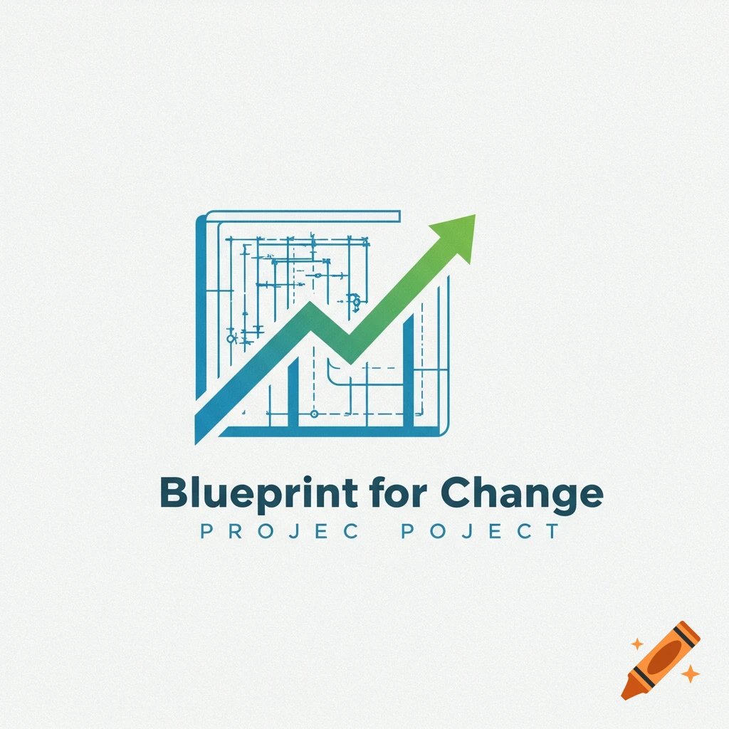A logo featuring a blueprint and a green upward-trending graph, with the text 'Blueprint for Change PROJEC POJECT'.