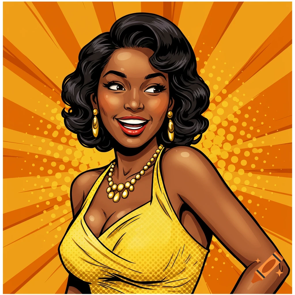Pop art illustration of a Black woman in a yellow dress and gold jewelry against an orange background.