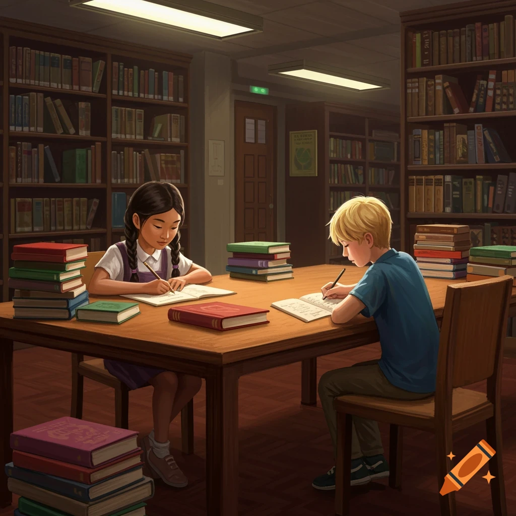 Two children studying at a table surrounded by stacks of books in a library.