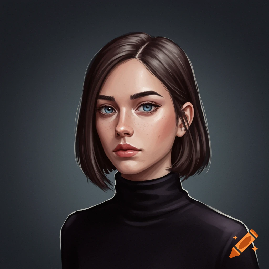 Portrait of a young woman with short brown hair and blue eyes wearing a black turtleneck.