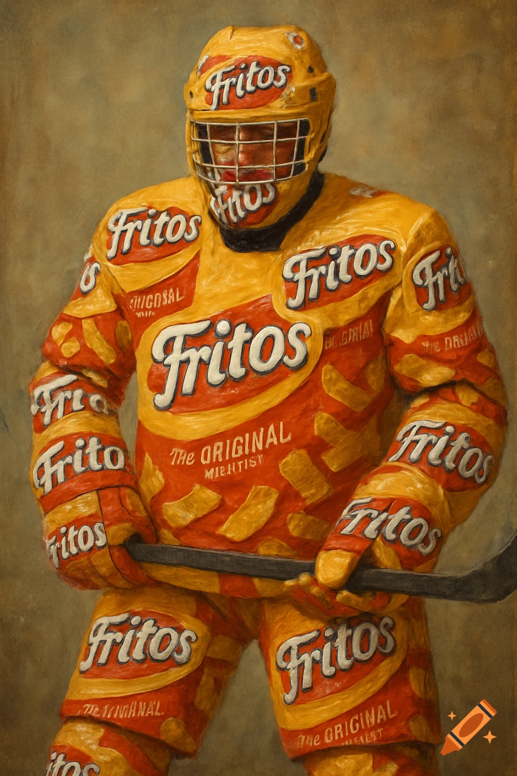 A hockey player wearing a uniform patterned like Fritos bags.