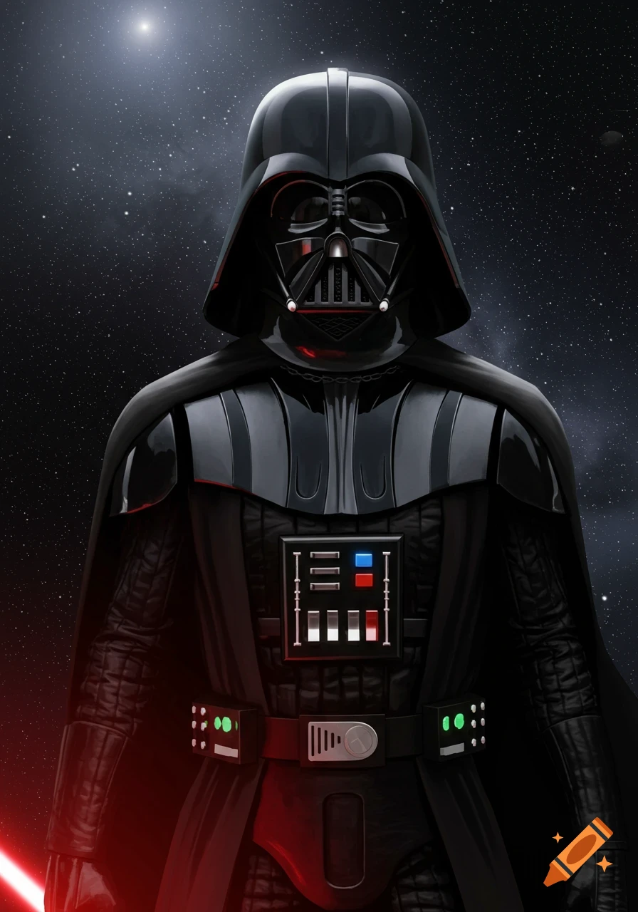 Darth Vader standing in space holding a red lightsaber