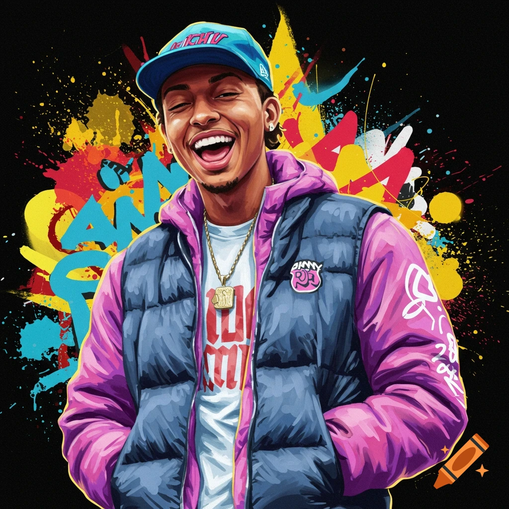 Digital illustration of a person in a blue cap and vest laughing against a colorful graffiti background.