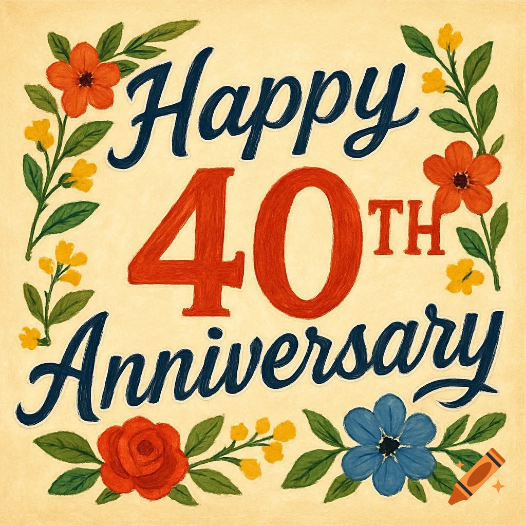 Happy 40th Anniversary text surrounded by flowers and leaves.