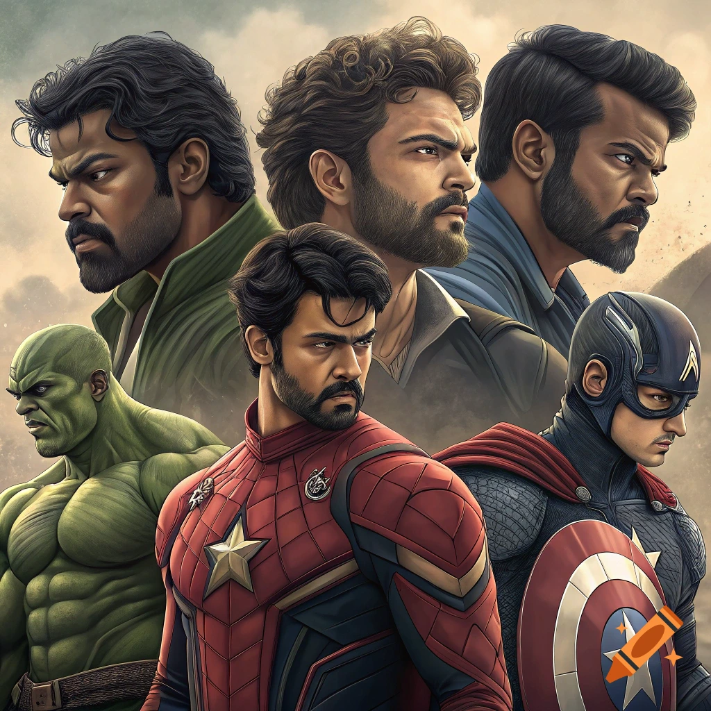 Illustration of several men resembling Indian actors, some dressed as Hulk, Spider-Man, and Captain America.