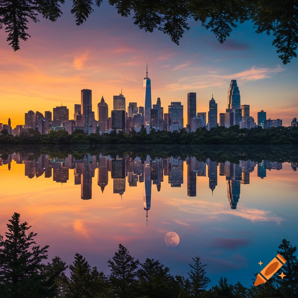 City skyline reflected in water at sunset with trees and moon