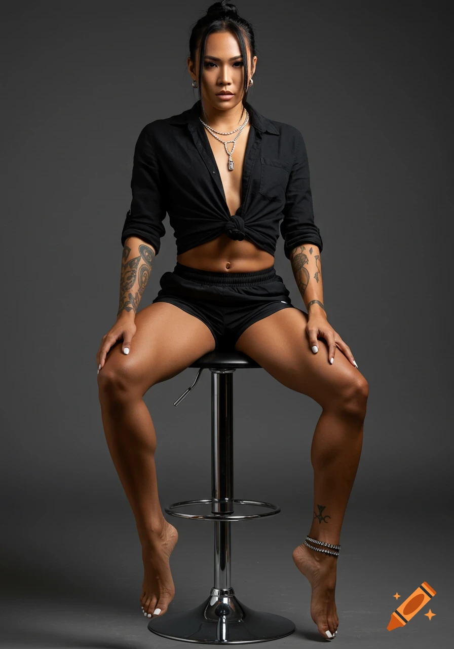 A woman in a black shirt and shorts sits on a stool in a studio.