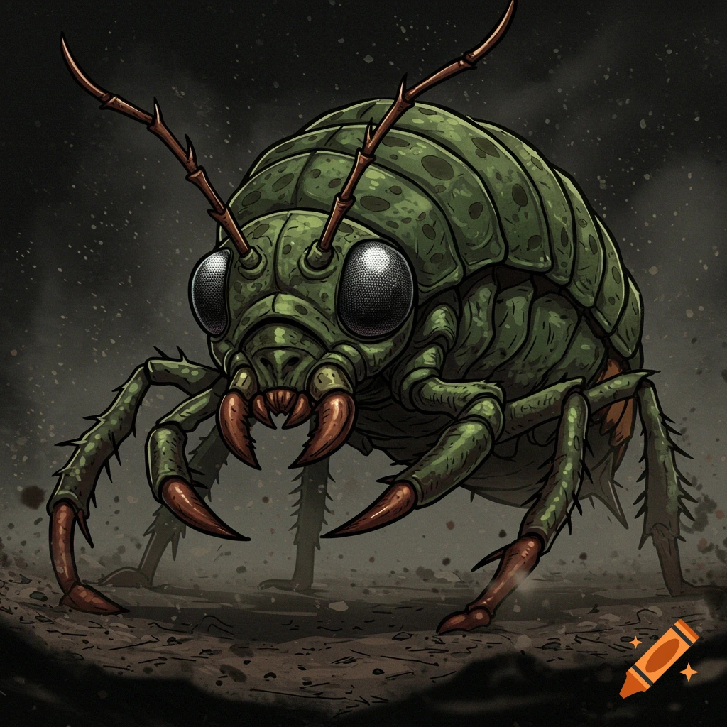 A close-up of a green, toonish, and gritty-looking insect character standing on the ground.