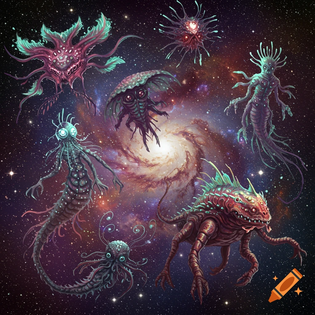Diverse alien space creatures floating in front of a spiral galaxy.