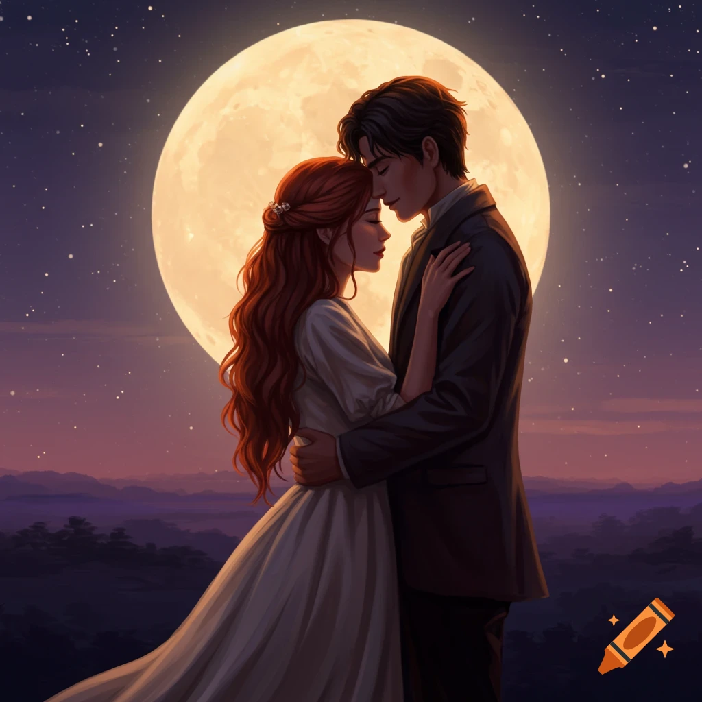 A romantic couple embracing under a large full moon with stars in the sky.