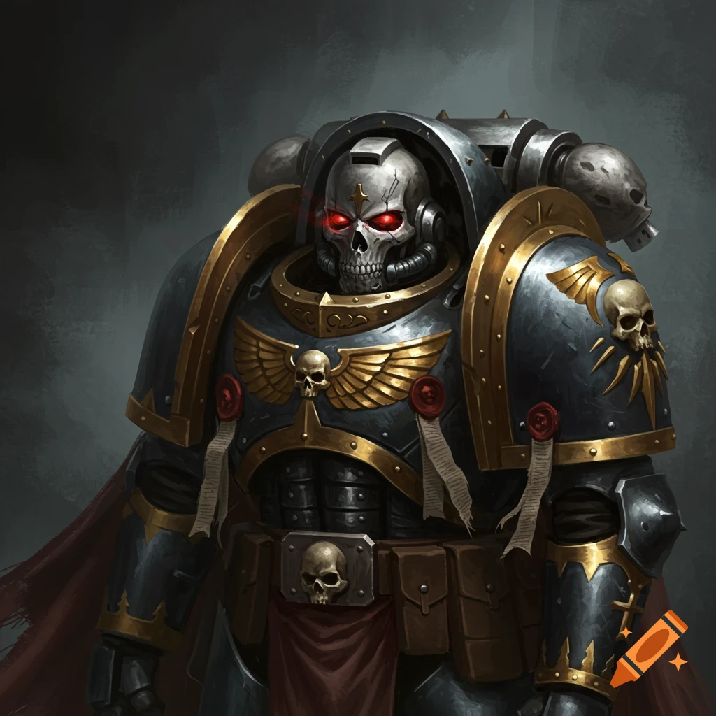 A Warhammer 40k Terminator Chaplain is shown with a skull helmet and red eyes.