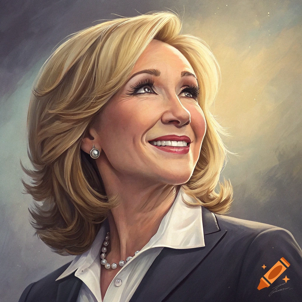 Painterly portrait of a blonde woman looking up and smiling.