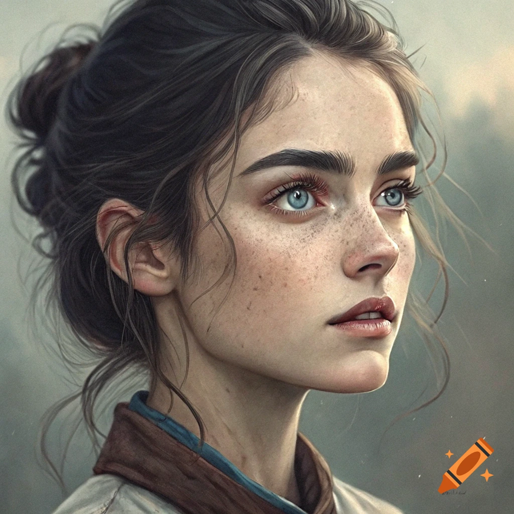 Close-up digital portrait of a young woman with blue eyes and freckles.