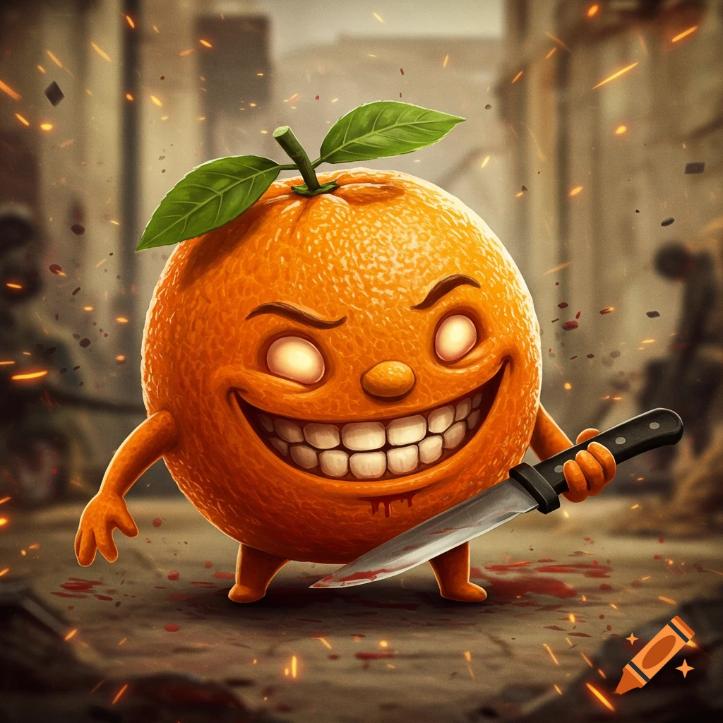 Creepy cartoon orange character holding a bloody knife in a gritty, action-packed setting.