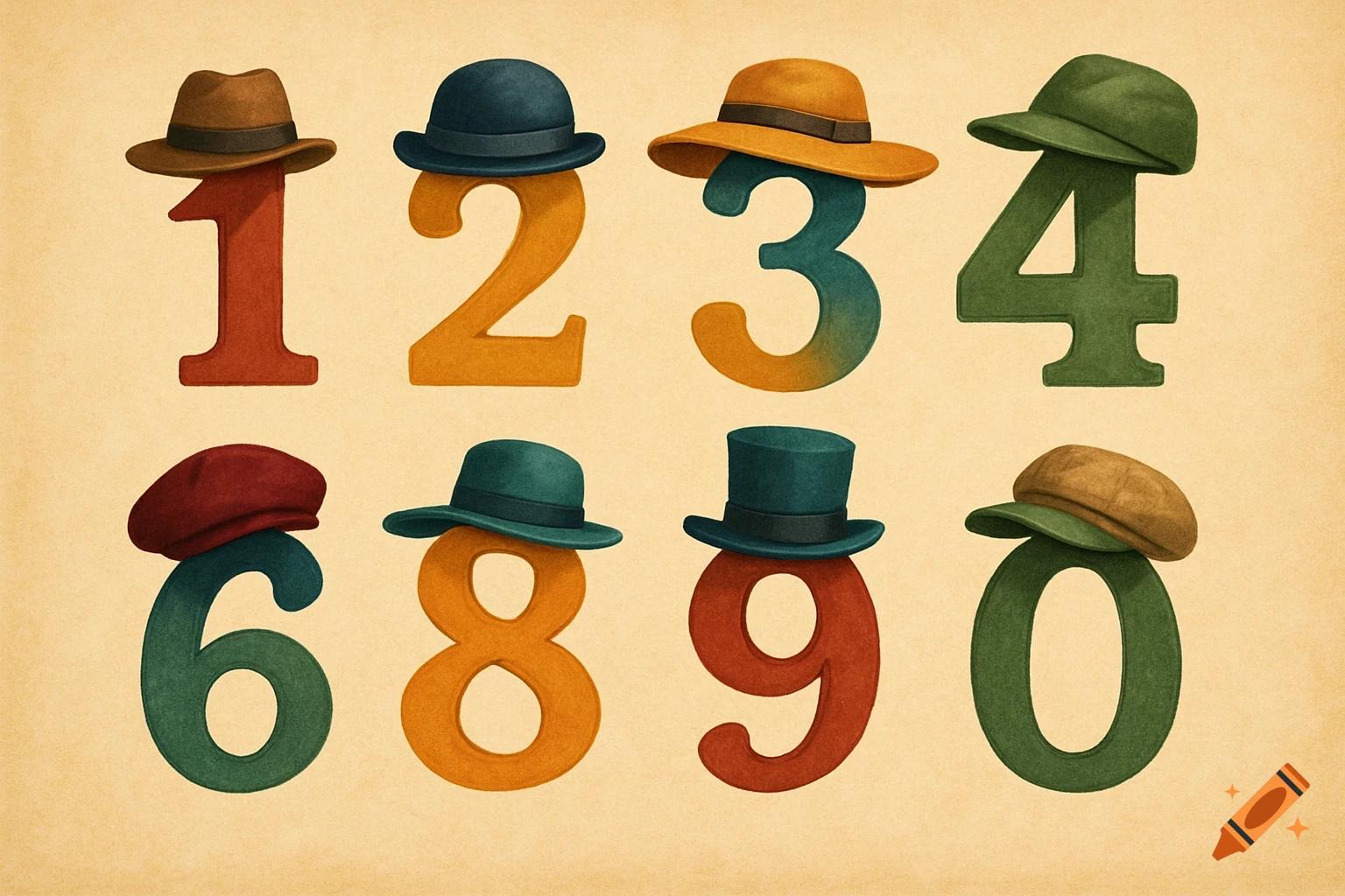 Numbers 1, 2, 3, 4, 6, 8, 9, and 0 wearing hats, digital illustration.
