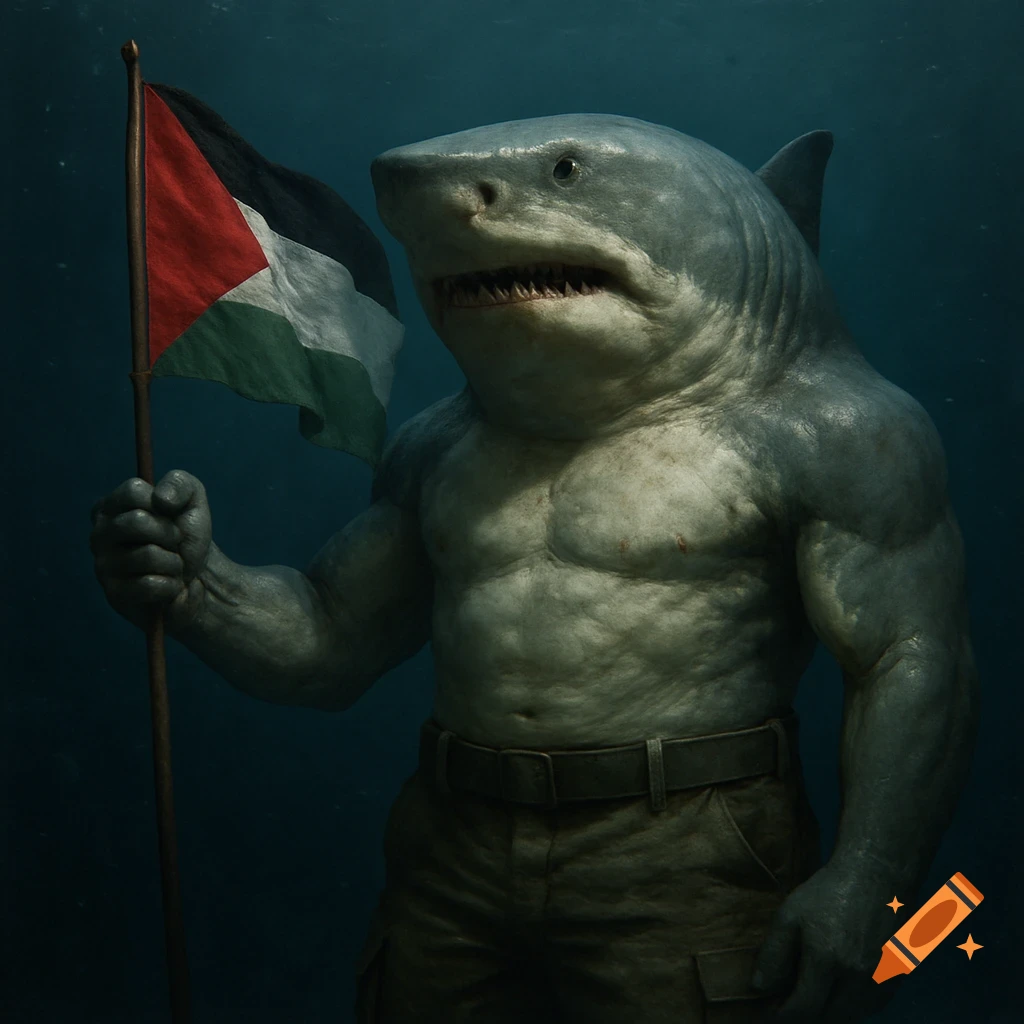 A muscular anthropomorphic shark holds a Palestinian flag underwater.