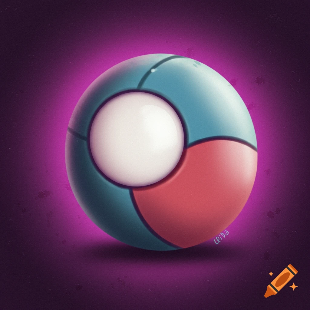 A stylized sphere with sections of teal, red, and white, on a dark background with a purple glow.