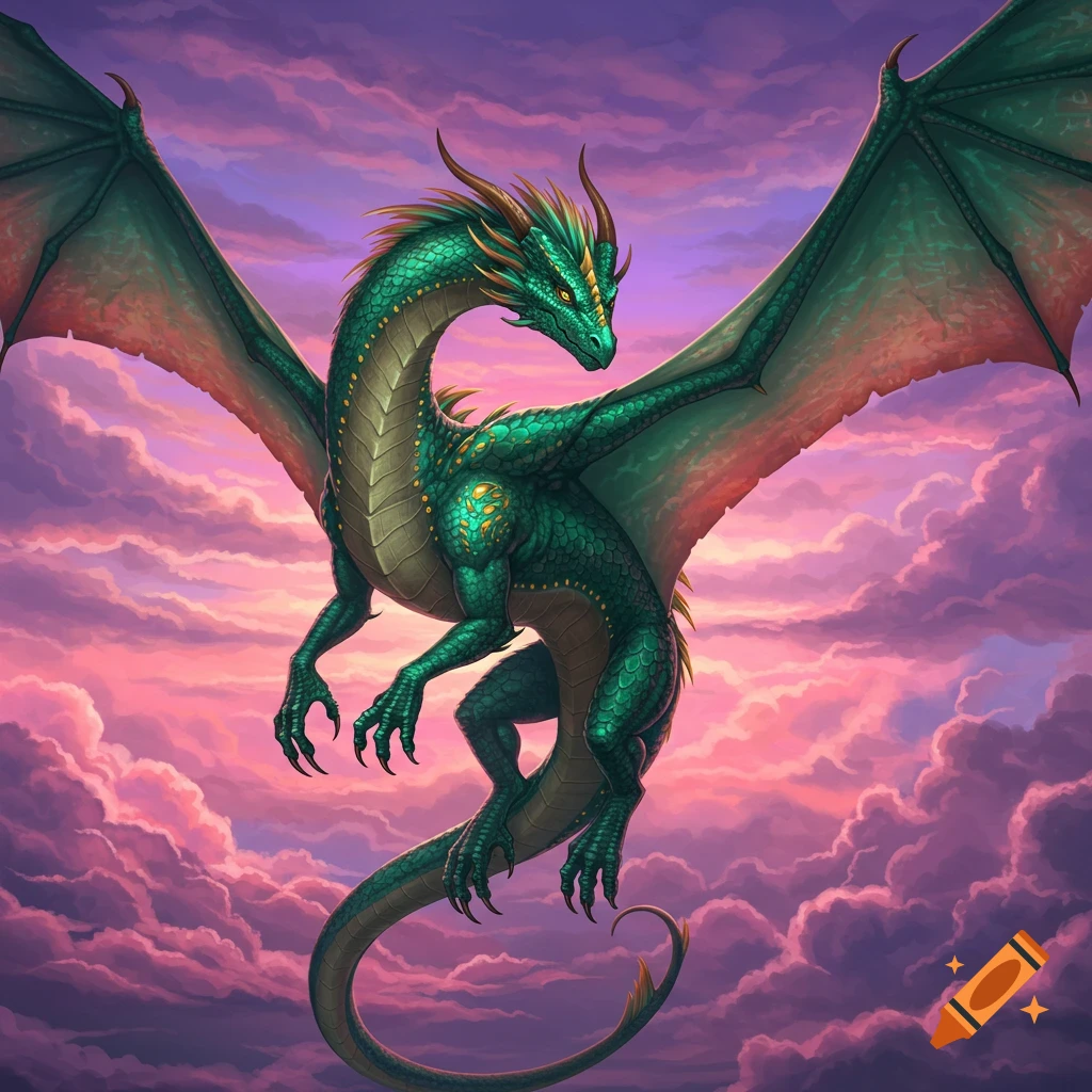 A green dragon flies through pink and purple clouds at sunset.