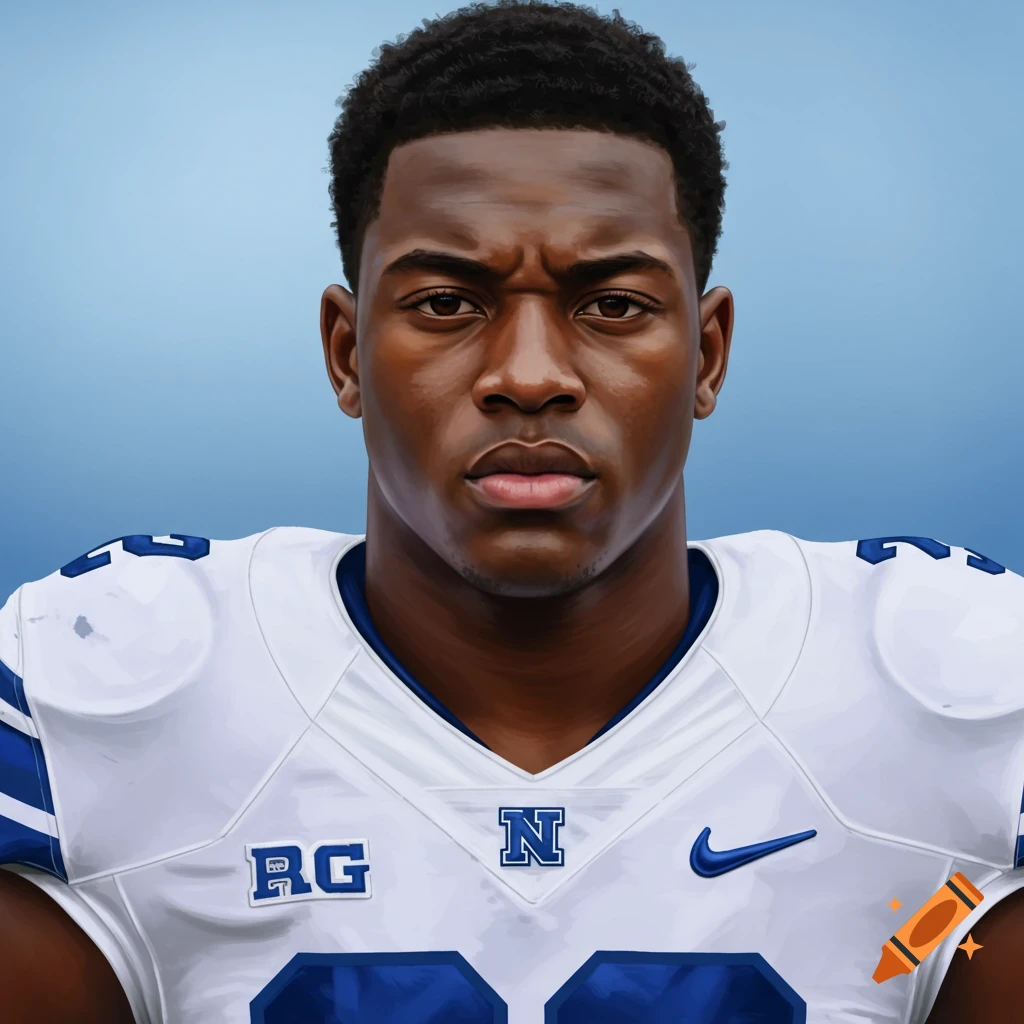 Headshot of a college football player in a white and blue uniform.