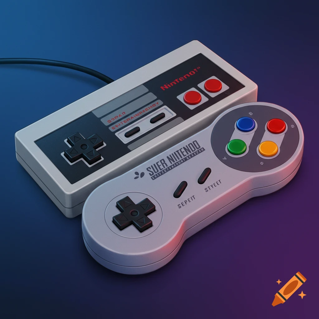 A vintage Nintendo Entertainment System controller and a Super Nintendo controller.