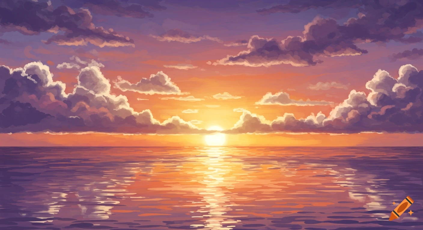 A vibrant sunset over the ocean with clouds