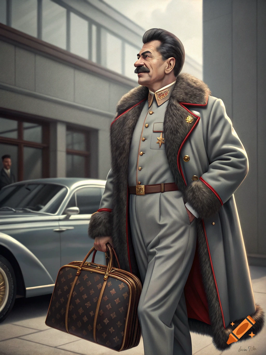 A man resembling Joseph Stalin in a fur-trimmed coat holds a designer bag next to a vintage car.