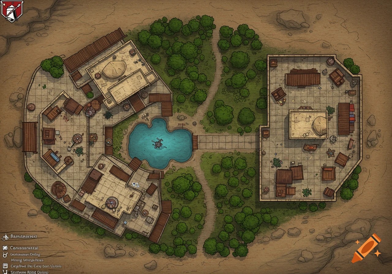 Top-down fantasy map of a caravanserai with buildings, a central pool, paths, and surrounding trees and desert.