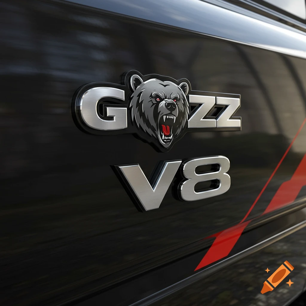 Close-up of a silver Grizz V8 logo with a bear head emblem on the black side of a truck.