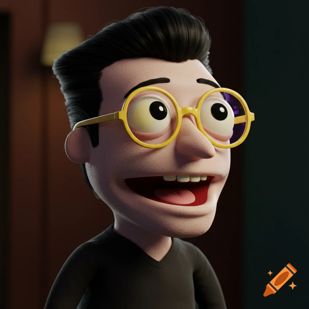 A 3D cartoon character with large yellow glasses, black slicked hair, and an open mouth.